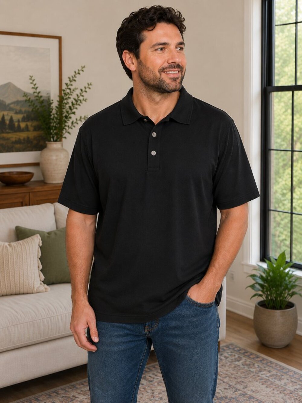 FRAME Light Pique Mercerized Cotton Polo Shirt Black Men’s Large New With Tags